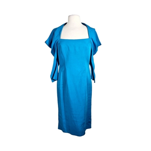 Charles Chang-Lima Turquoise Blue Designer Silk Blend Midi Dress - Picture 1 of 8